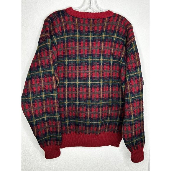 VINTAGE Eddie Bauer Sweater Mens M Red Green Tartan Plaid Crewneck Made USA 90s - Picture 4 of 12